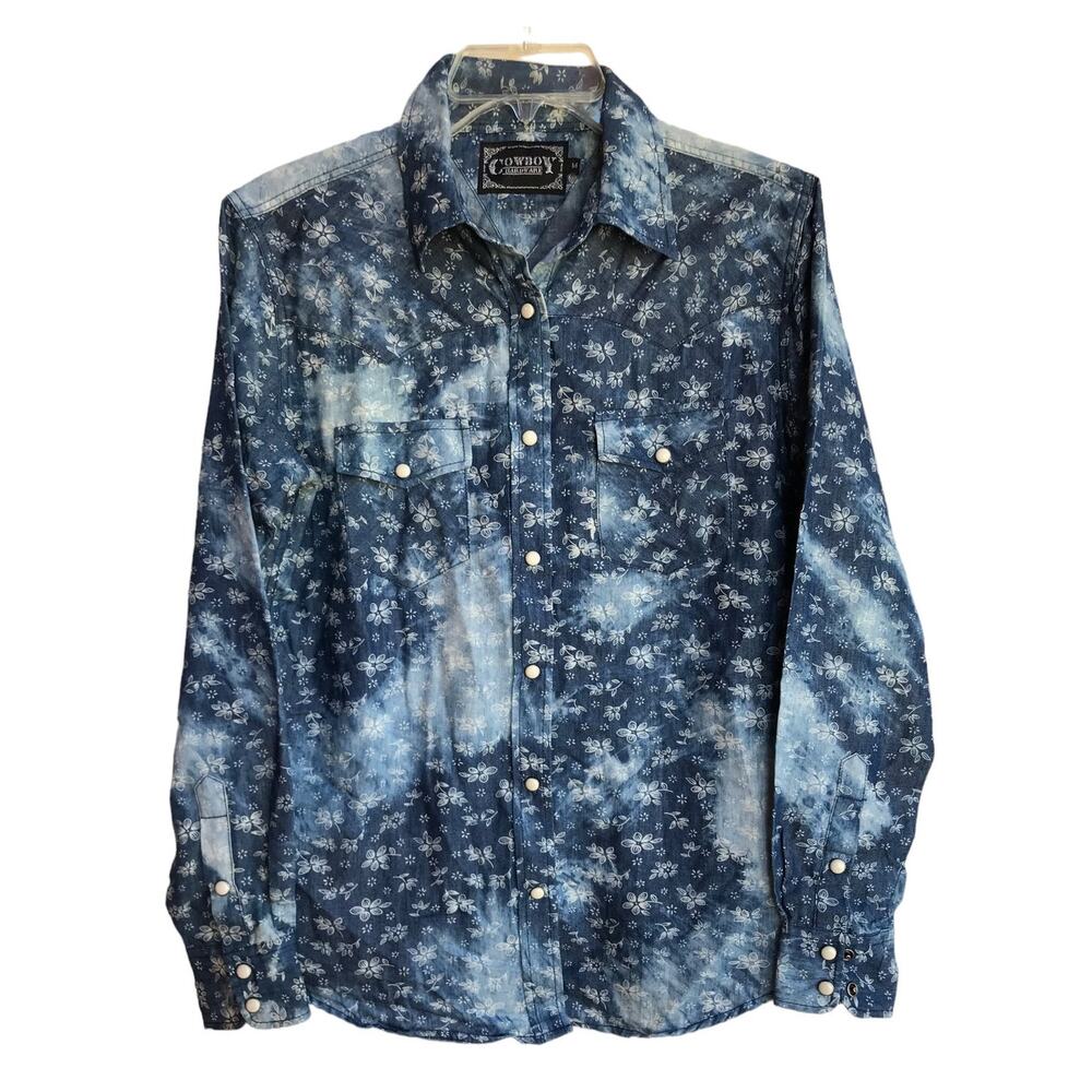 Cowboy Hardware Womens Indigo Blue and White Western Shirt Pearl Snaps size M